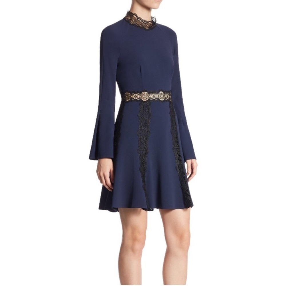 NWT Jonathan Simkhai Navy Blue Black Lace Fit Flare Dress Long Bell Sleeve Sz 6